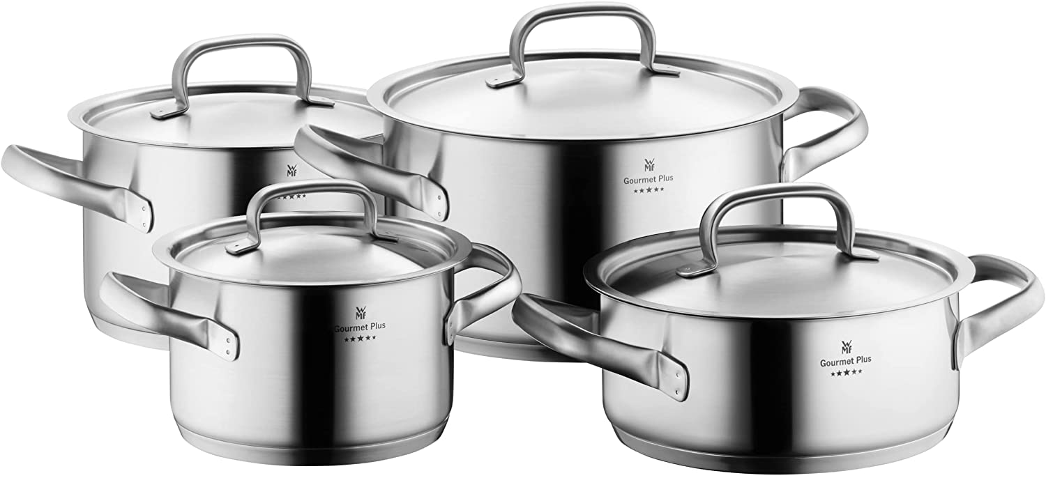 WMF Pot Set 4-Piece Gourmet Plus Inside Scale Steam Vent Hollow Handles Metal Lid Cromargan® Stainless Steel Suitable for Induction Hobs Dishwasher-Safe