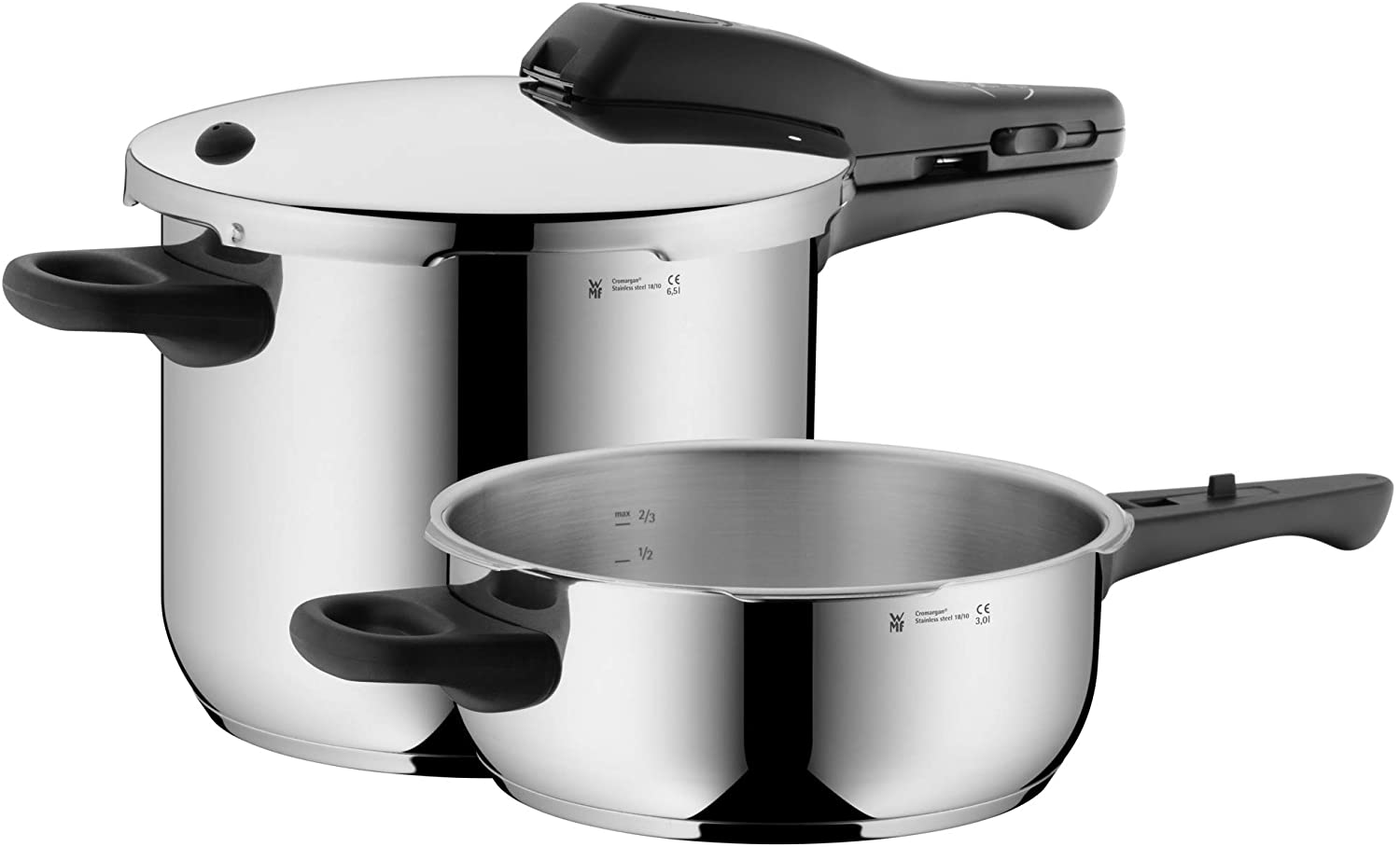 WMF Perfect Pressure Cooker Set 2-Piece 3L & 6.5L Perforated Insert with Trivet Insert Ø 22 cm Inside Scale Cromargan® Stainless Steel Suitable for Induction Hobs