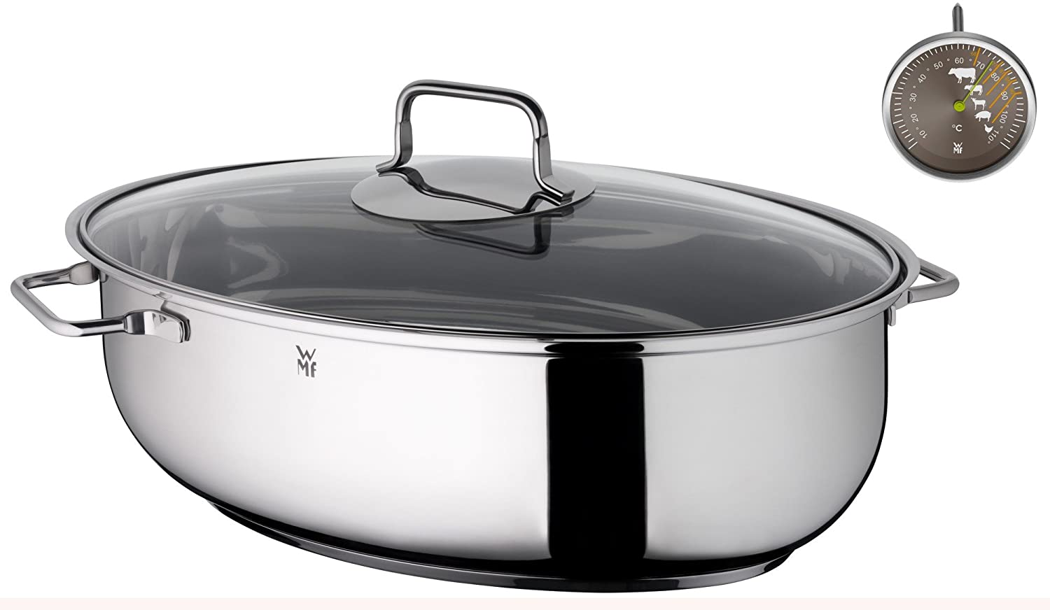 WMF Oval Roasting Dish with Free Thermometer, Glass Lid, Cromargan Stainless Steel, Induction, Dishwasher-Safe, Oven-Safe, 38 x 26 x 12 cm, 7.8 L