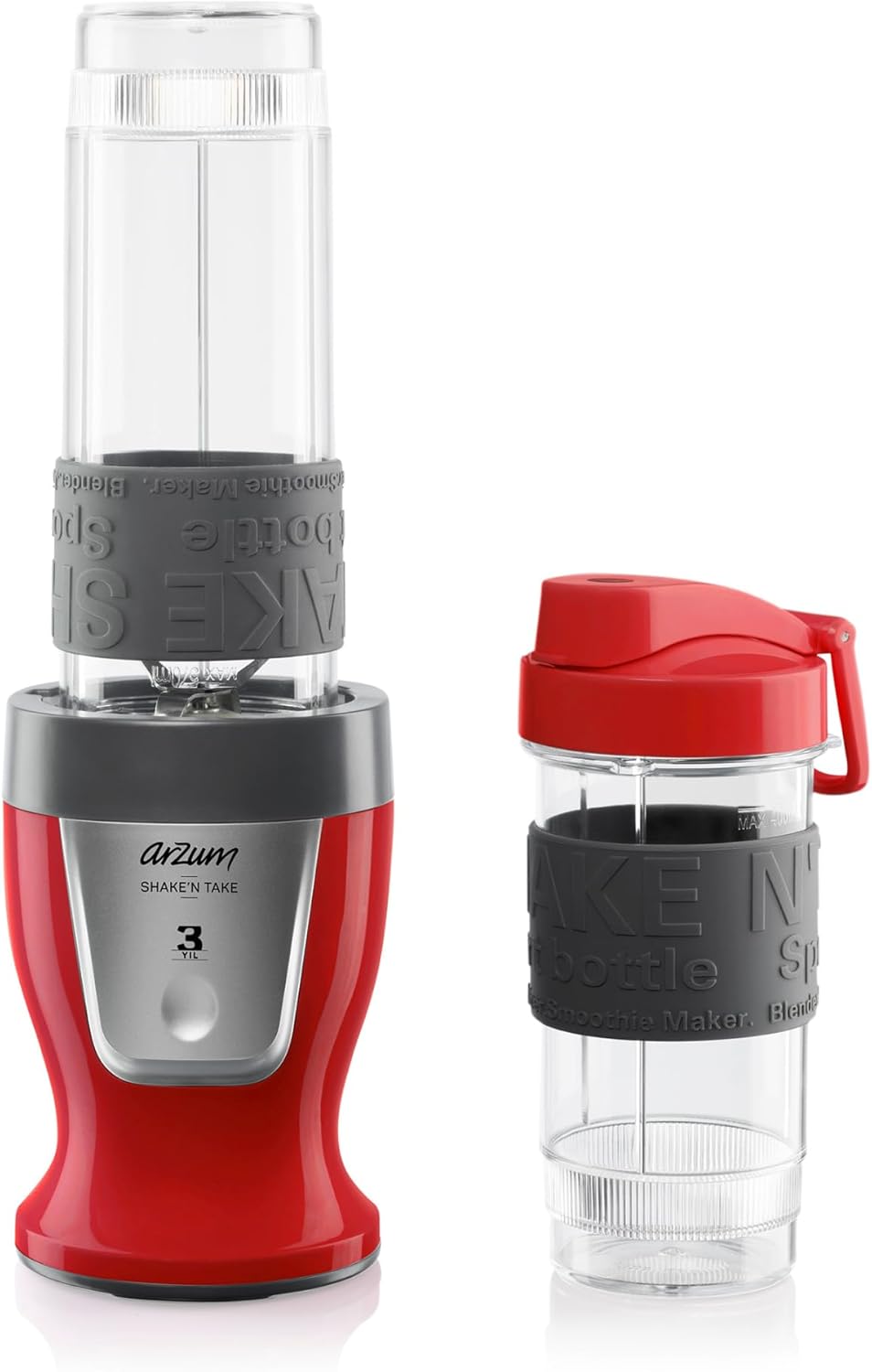 Arzum 500 W Personal Blender Smoothie Maker, 570 ml & 400 ml BPA-Free Bottles, Stainless Steel Blades, Non-Slip Silicone Ring, One Button Operation, Red