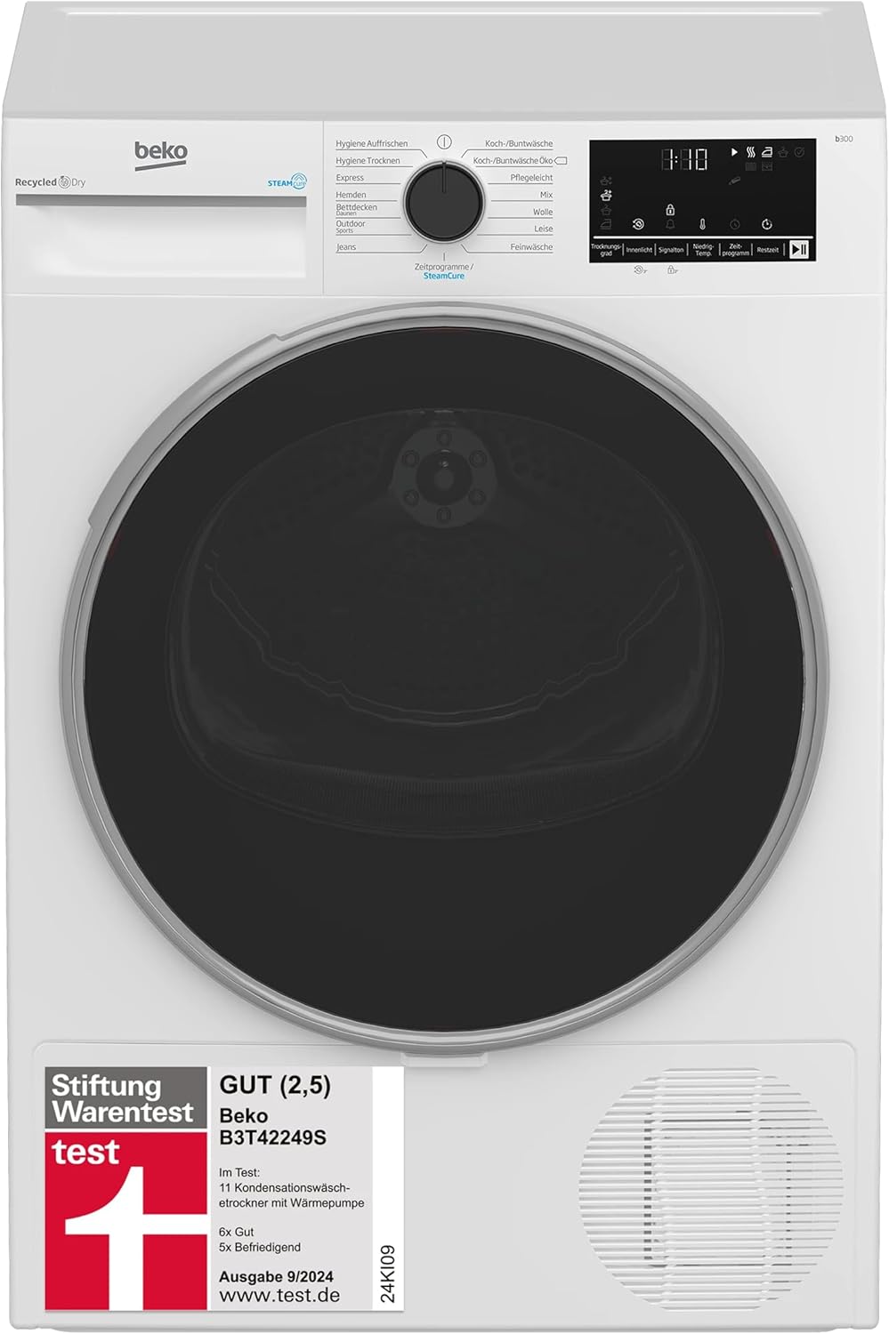 Beko B3T42249S Heat Pump Dryer, Tumble Dryer, 8 kg, Suitable for Allergy Sufferers, Hygiene Drying & Hygiene Refreshing, SteamCure Steam Function, 15 Programs, Express, White