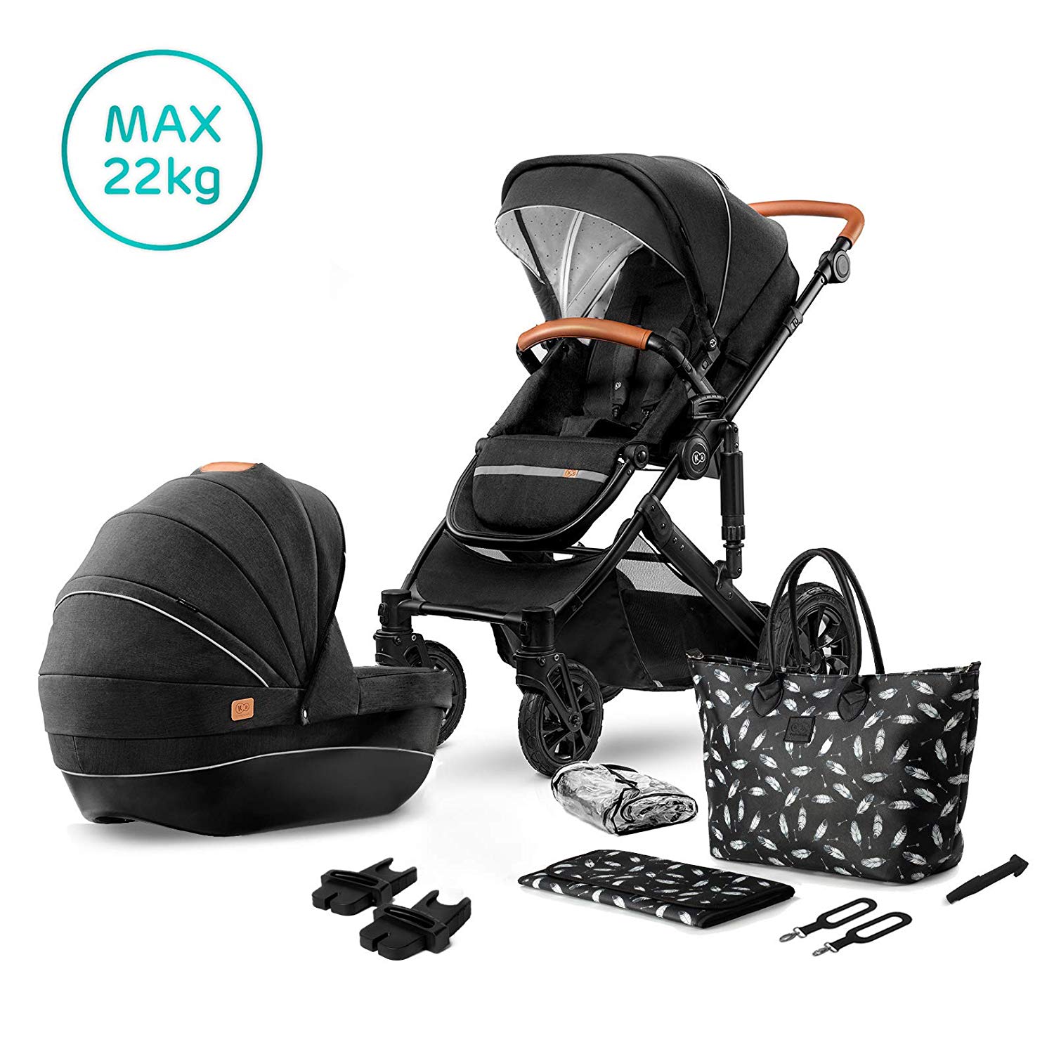 kk Kinderkraft Kinderkraft Pram 2-in-1 Prime 2020 Pram Set Combination Pushchair Sports Pram Buggy and Carry Cot Large Wheels Pneumatic Tyres Comfortable Buggy Seat with Reclining Position Accessories, Black