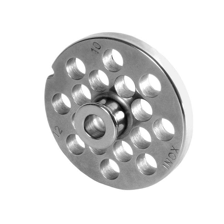 WOLFCUT meat grinder disc with hub, stainless steel, size 10/12 - 10.0 mm bore, compatible with ALEXANDERWERK 10/12 / REWEBO RF 12 / GGG 12/C and many more.