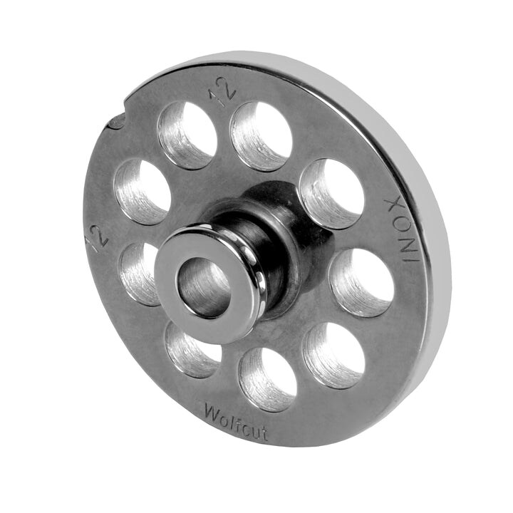 WOLFCUT meat grinder disc with hub, stainless steel, size 10/12 - 12.0 mm bore, compatible with ALEXANDERWERK 10/12 / REWEBO RF 12 / GGG 12/C and many more.