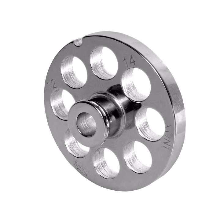 WOLFCUT meat grinder disc with hub, stainless steel, size 10/12 - 14.0 mm bore, compatible with ALEXANDERWERK 10/12 / REWEBO RF 12 / GGG 12/C and many more.