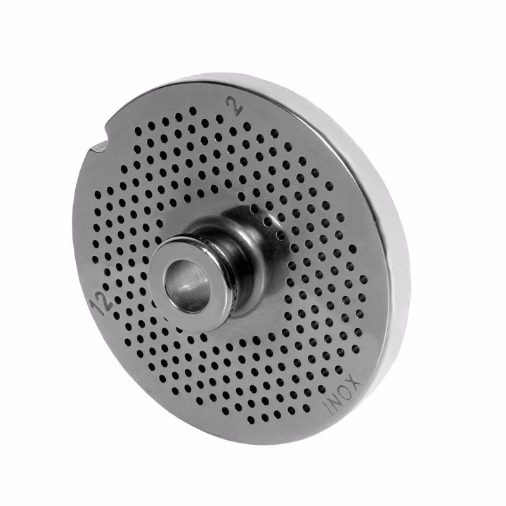 WOLFCUT meat grinder disc with hub, stainless steel, size 10/12 - 2.0 mm bore, compatible with ALEXANDERWERK 10/12 / REWEBO RF 12 / GGG 12/C and many more.