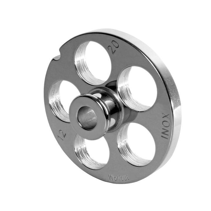 WOLFCUT meat grinder disc with hub, stainless steel, size 10/12 - 20.0 mm bore, compatible with ALEXANDERWERK 10/12 / REWEBO RF 12 / GGG 12/C and many more.