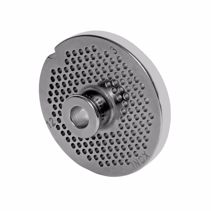 WOLFCUT meat grinder disc with hub, stainless steel, size 10/12 - 3.0 mm bore, compatible with ALEXANDERWERK 10/12 / REWEBO RF 12 / GGG 12/C and many more.