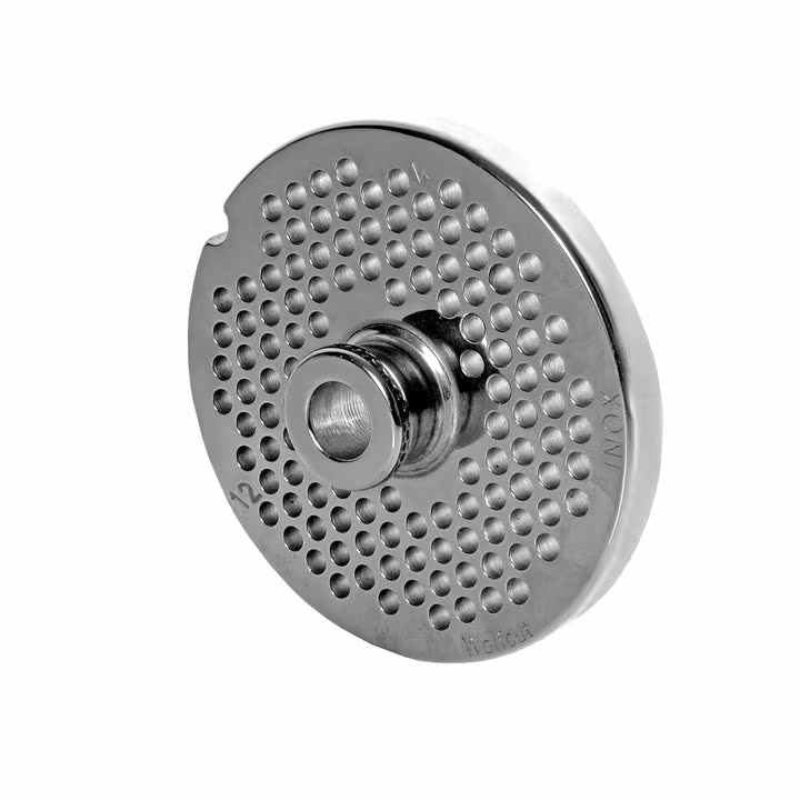 WOLFCUT meat grinder disc with hub, stainless steel, size 10/12 - 4.0 mm bore, compatible with ALEXANDERWERK 10/12 / REWEBO RF 12 / GGG 12/C and many more.
