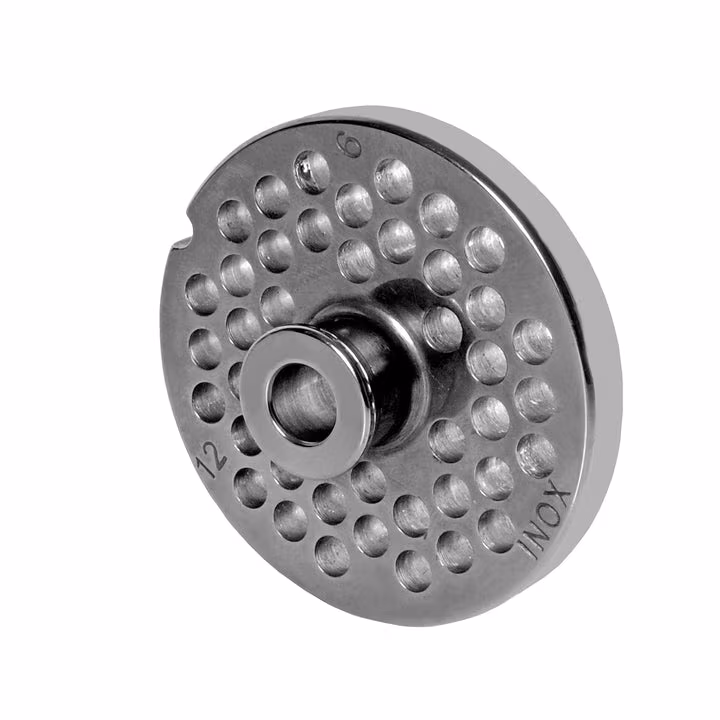WOLFCUT meat grinder disc with hub, stainless steel, size 10/12 - 6.0 mm bore, compatible with ALEXANDERWERK 10/12 / REWEBO RF 12 / GGG 12/C and many more.