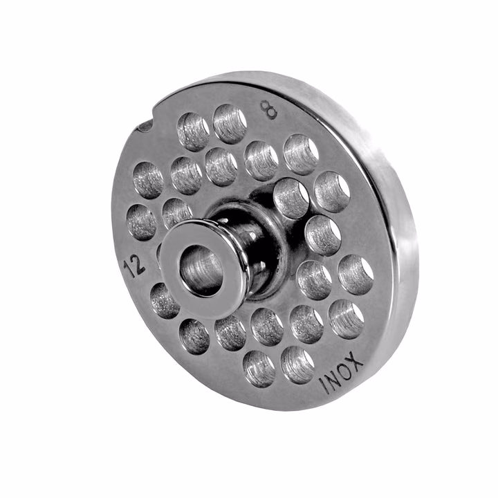WOLFCUT meat grinder disc with hub, stainless steel, size 10/12 - 8.0 mm bore, compatible with ALEXANDERWERK 10/12 / REWEBO RF 12 / GGG 12/C and many more.