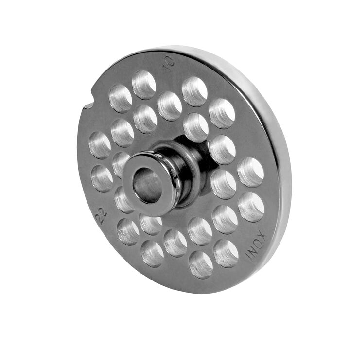 WOLFCUT meat grinder disc with hub, stainless steel, size 22 - 10.0 mm bore, compatible with BIZERBA FW-N 22/2 / ALEXANDERWERK 22N / REWEBO RF802 and many more.
