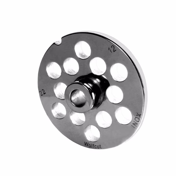 WOLFCUT meat grinder disc with hub, stainless steel, size 22 - 12.0 mm bore, compatible with BIZERBA FW-N 22/2 / ALEXANDERWERK 22N / REWEBO RF802 and many more.