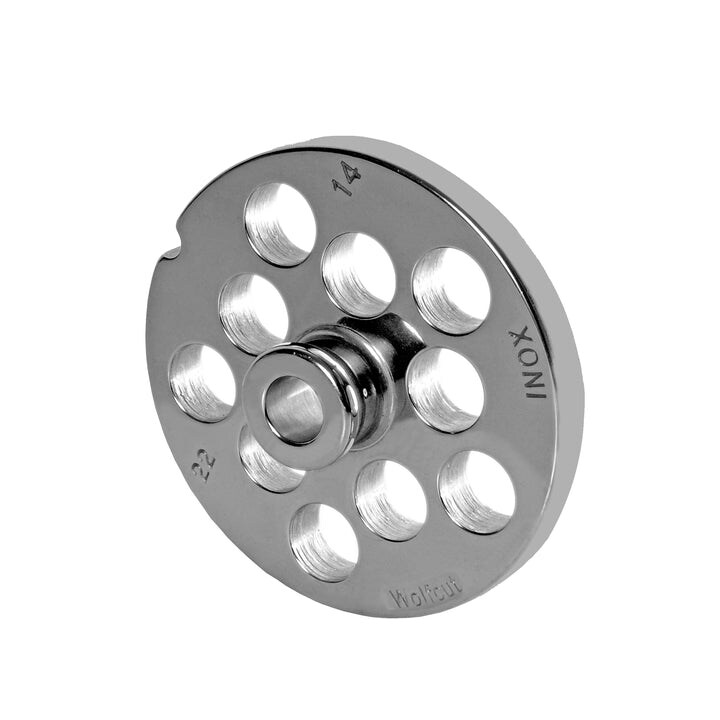 WOLFCUT meat grinder disc with hub, stainless steel, size 22 - 14.0 mm bore, compatible with BIZERBA FW-N 22/2 / ALEXANDERWERK 22N / REWEBO RF802 and many more.