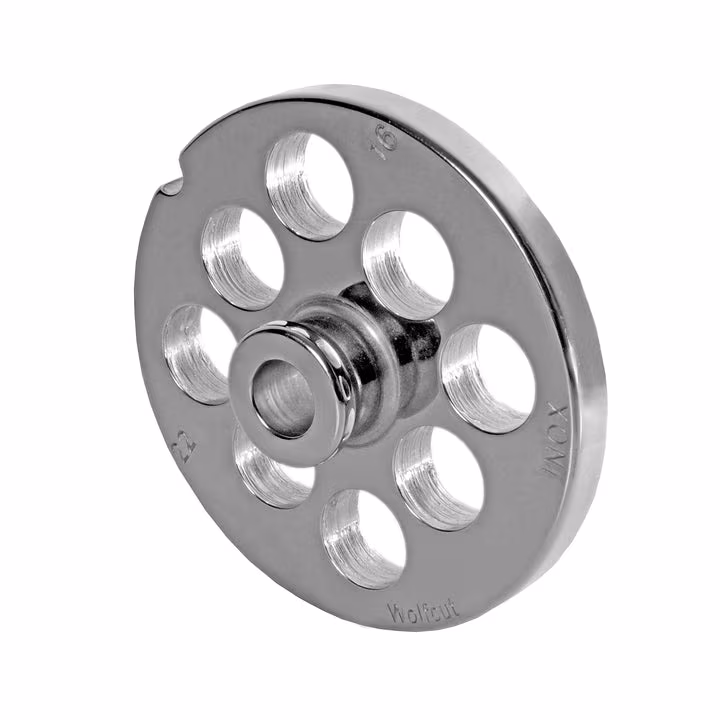 WOLFCUT meat grinder disc with hub, stainless steel, size 22 - 16.0 mm bore, compatible with BIZERBA FW-N 22/2 / ALEXANDERWERK 22N / REWEBO RF802 and many more.