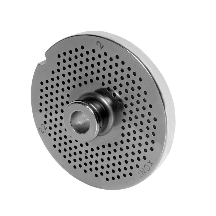 WOLFCUT meat grinder disc with hub, stainless steel, size 22 - 2.0 mm bore, compatible with BIZERBA FW-N 22/2 / ALEXANDERWERK 22N / REWEBO RF802 and many more.