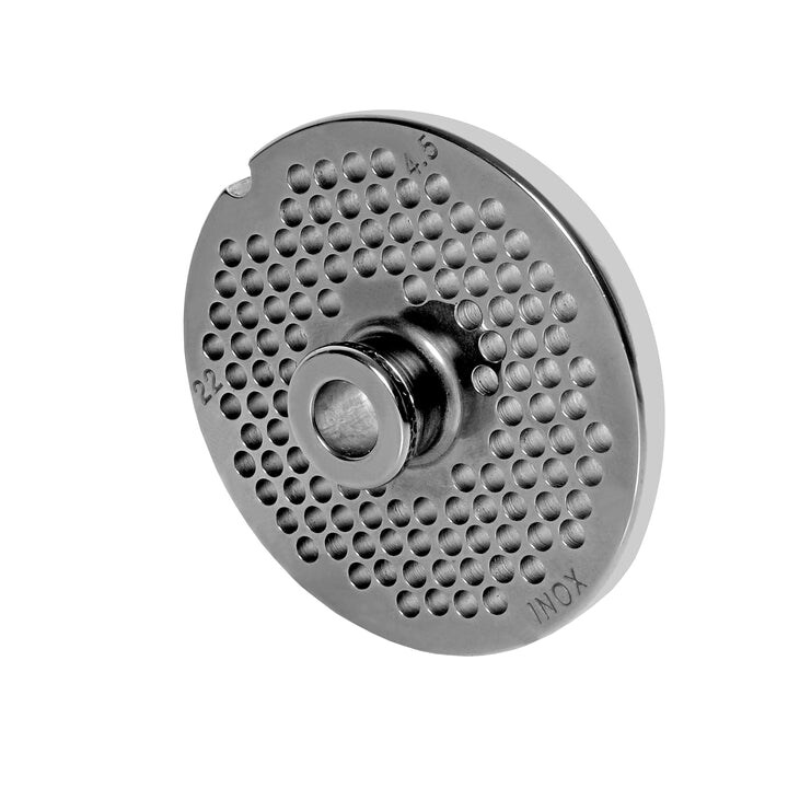 WOLFCUT meat grinder disc with hub, stainless steel, size 22 - 4.5 mm bore, compatible with BIZERBA FW-N 22/2 / ALEXANDERWERK 22N / REWEBO RF802 and many more.