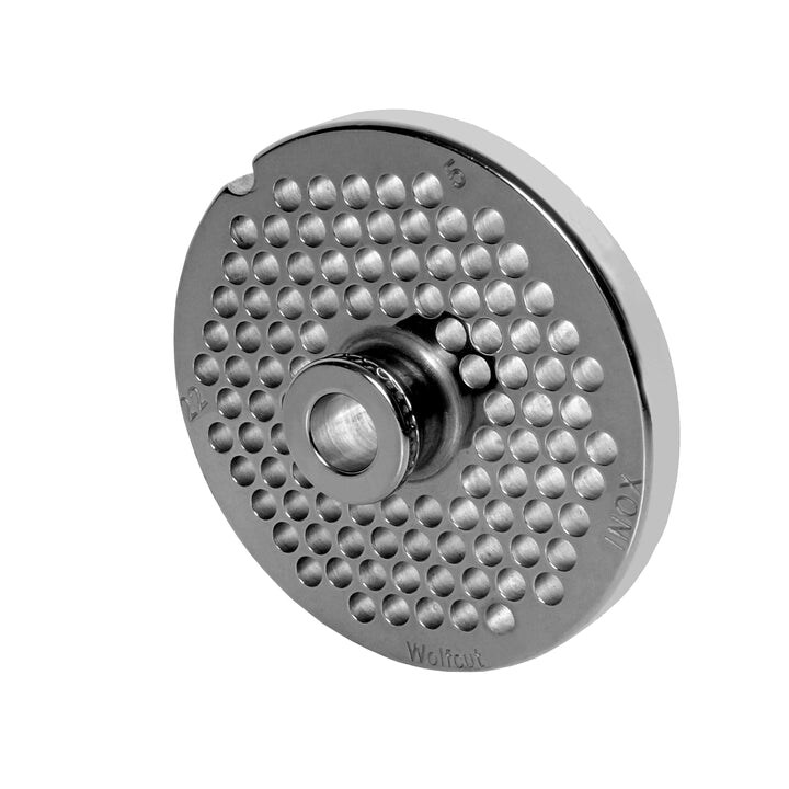WOLFCUT meat grinder disc with hub, stainless steel, size 22 - 5.0 mm bore, compatible with BIZERBA FW-N 22/2 / ALEXANDERWERK 22N / REWEBO RF802 and many more.