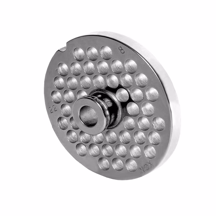 WOLFCUT meat grinder disc with hub, stainless steel, size 22 - 8.0 mm bore, compatible with BIZERBA FW-N 22/2 / ALEXANDERWERK 22N / REWEBO RF802 and many more.