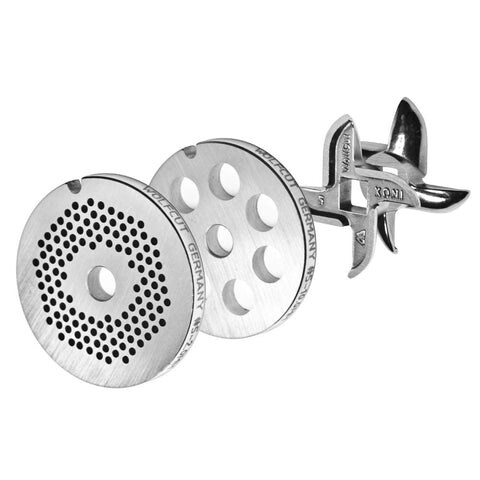 WOLFCUT meat grinder disc set 2 mm + 10 mm bore and one sickle blade, compatible with all common meat grinder brands, size 5