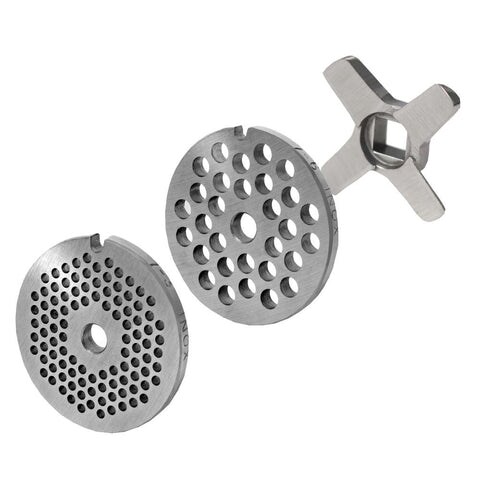 WOLFCUT meat grinder disc set 3 mm + 6 mm bore and one cross blade, compatible with all common meat grinder brands, size 7