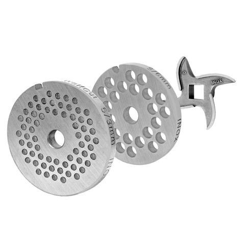 WOLFCUT meat grinder disc set 3 mm + 6 mm bore and a sickle blade, compatible with all common meat grinder brands, size 5