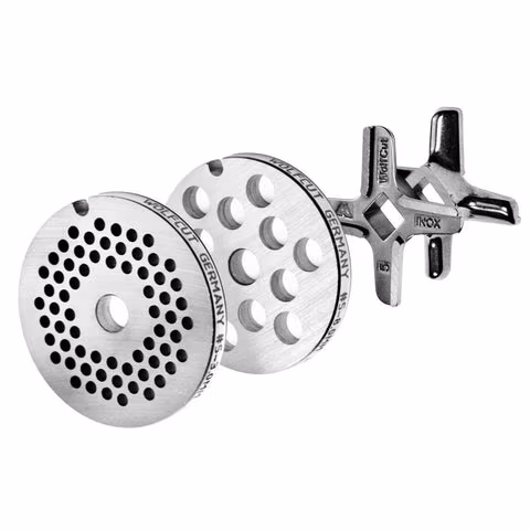WOLFCUT meat grinder disc set 3 mm + 8 mm bore and one Eversharp cross blade, compatible with all common meat grinder brands, size 5