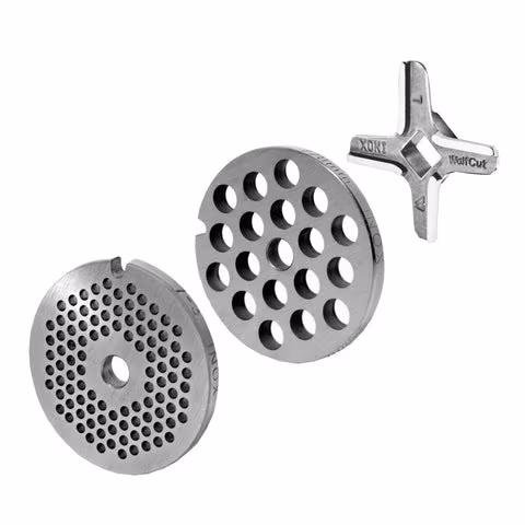 WOLFCUT meat grinder disc set 3 mm + 8 mm bore and one Eversharp cross blade, compatible with all common meat grinder brands, size 7