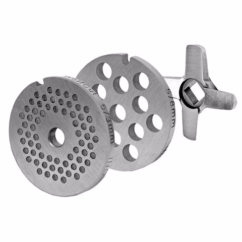 WOLFCUT - Meat grinder disc set 3 mm + 8 mm bore and one cross blade, compatible with all common meat grinder brands, size 5