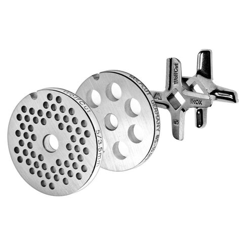 WOLFCUT meat grinder disc set 3.5 mm + 10 mm bore and one Eversharp cross blade, compatible with all common meat grinder brands, size 5