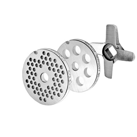 WOLFCUT meat grinder disc set 3.5 mm + 10 mm bore and one cross blade, compatible with all common meat grinder brands, size 5