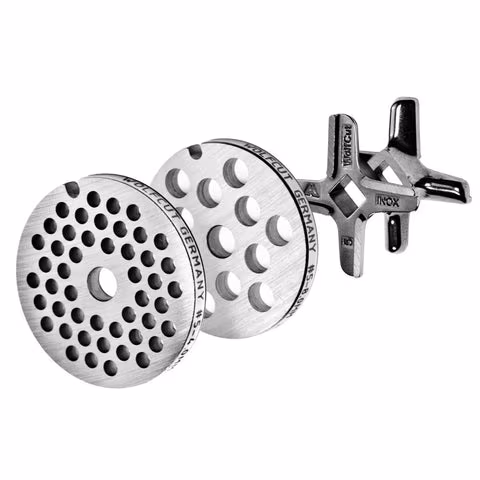 WOLFCUT meat grinder disc set 4 mm + 8 mm bore and one Eversharp cross blade, compatible with all common meat grinder brands, size 5