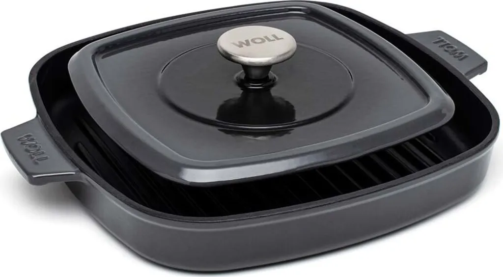 Woll Iron square grill pan with ridges, including steak press and silicone handles - Induction compatible -, 24 x 24 cm, 4.5 cm high - Suitable for all hob types, cast iron, oven safe up to 250°C, grey