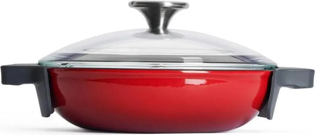 Woll "IRON" round serving pan with glass lid and silicone handle, 20 cm, 5.5 cm high, Chili Red - suitable for induction cooktops