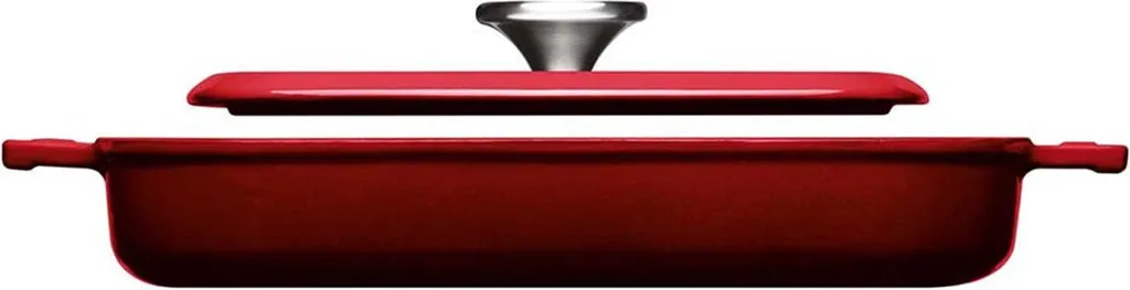 Woll "IRON" steak pan with grooves, 24 x 24 cm, 4.5 cm high, incl. steak press and silicone handles, Chili Red - suitable for induction cooktops