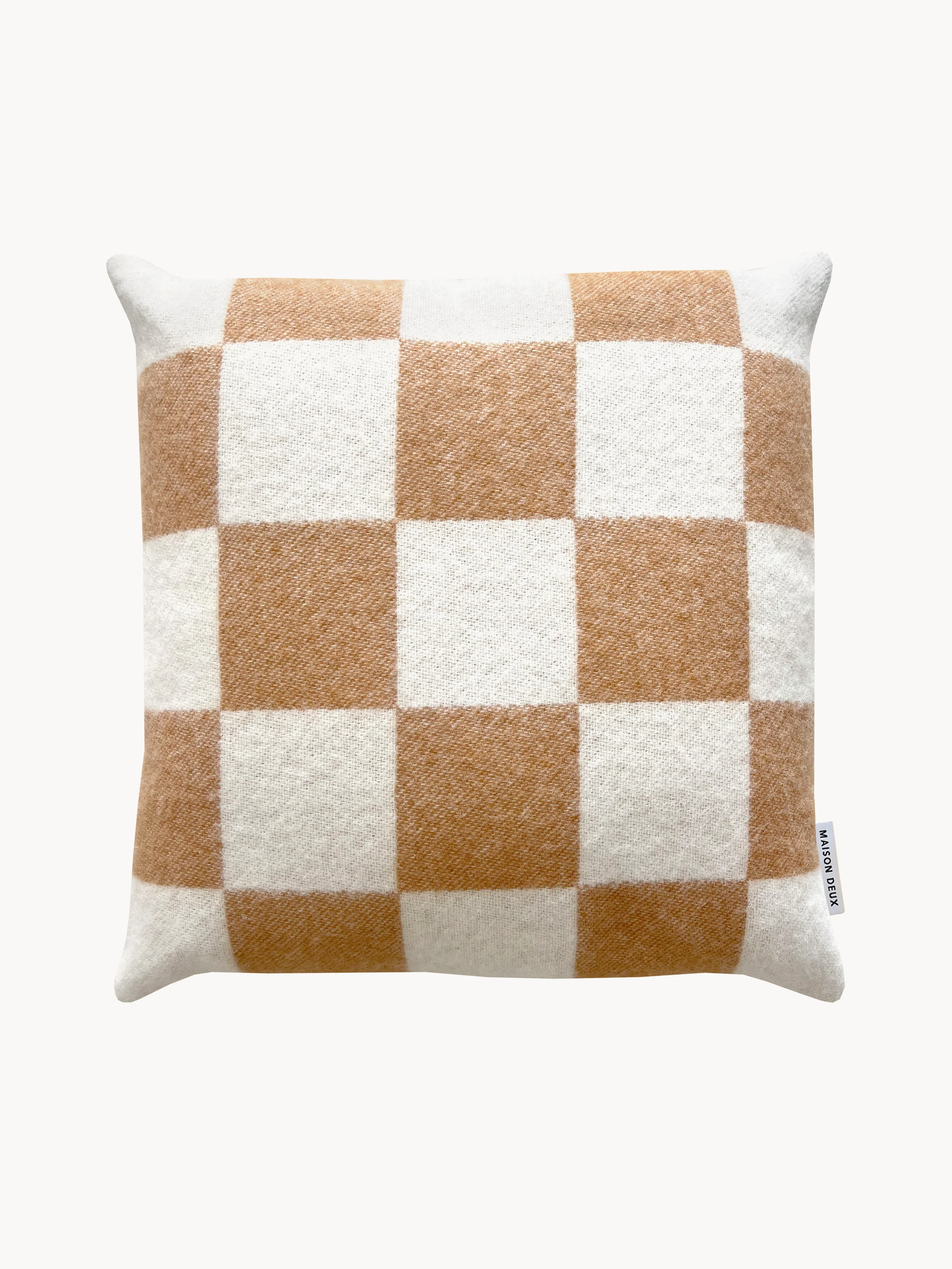 Maison Deux Wool cushion cover Level Up with checkered pattern, White, light brown