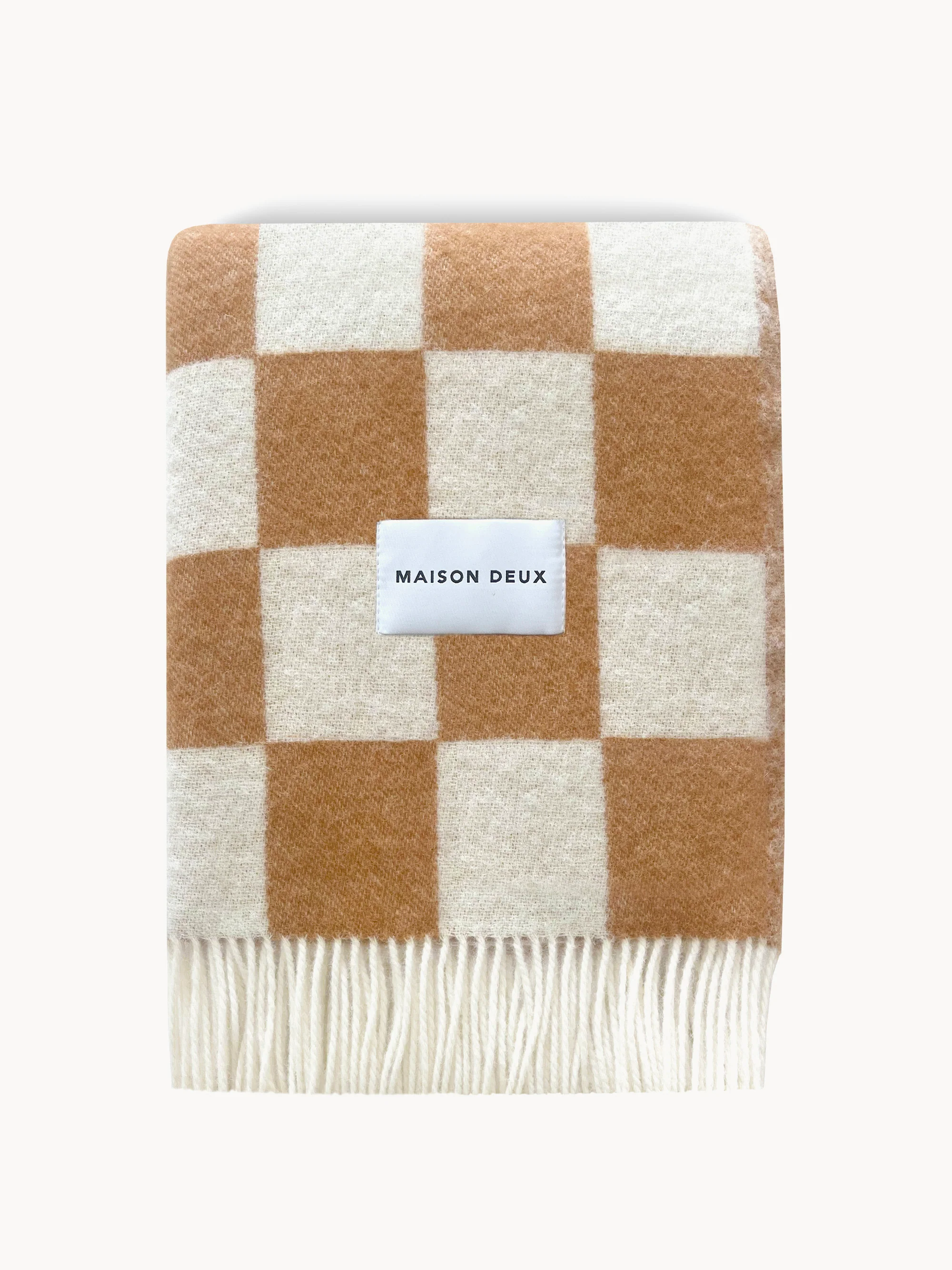 Maison Deux Wool throw blanket with checkerboard pattern, White, light brown