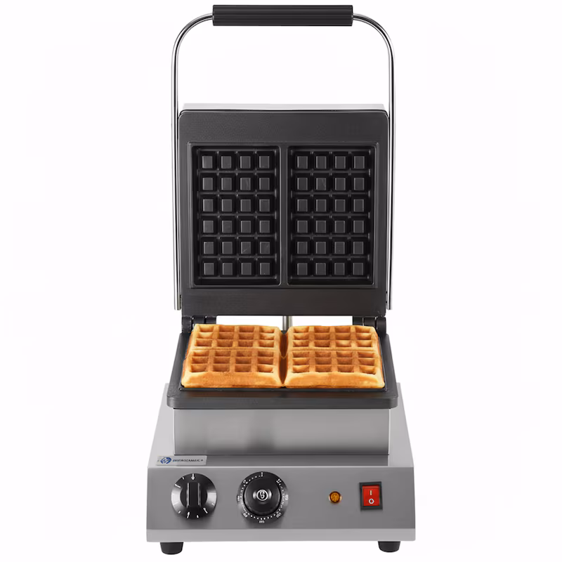 WORLDMAI electric waffle iron for two rectangular waffles, suitable for commercial use. Stainless steel waffle machine with non-stick coating.