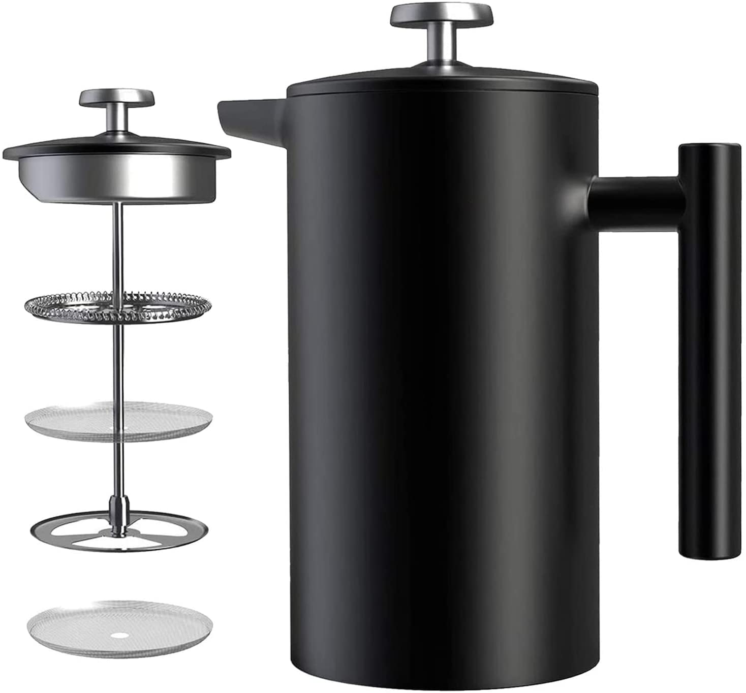 Aoresac French Press Stainless Steel 1L/8 Cup Thermal Coffee Press for Coffee Tea Milk (Black)
