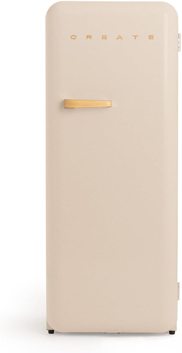 CREATE Retro Friend 150 Wood Fridge Freezer 281 L in Sand Wood Handle 102 W Low Energy Consumption 150 cm 3 Shelves Temperature Control 60 x 60 x 150 cm