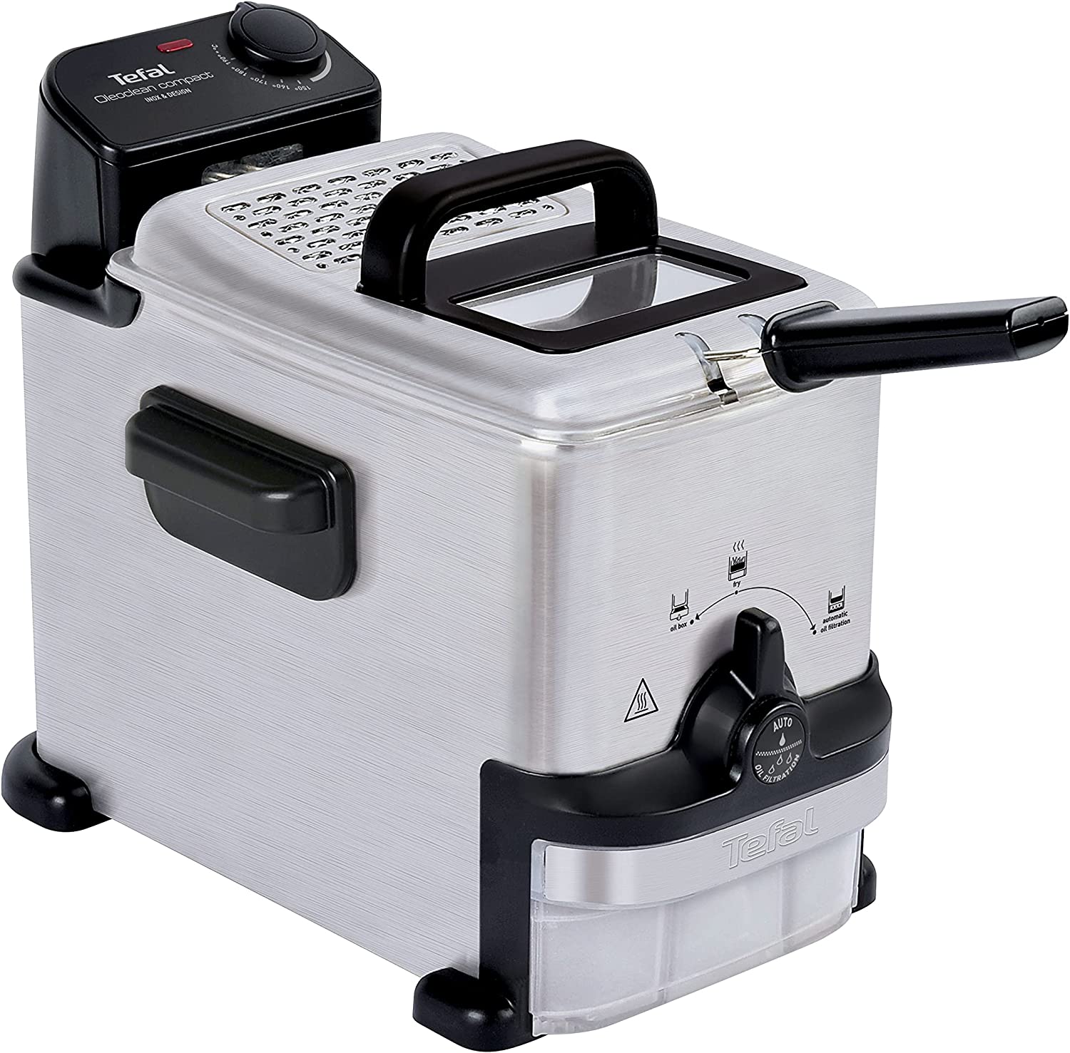 Tefal FR7016 Oleoclean Compact Electric Fryer | 2L Oil Capacity | Automatic Oil Filtration | Dishwasher Safe Parts | Viewing Window | Adjustable Temperature | Black/Stainless Steel