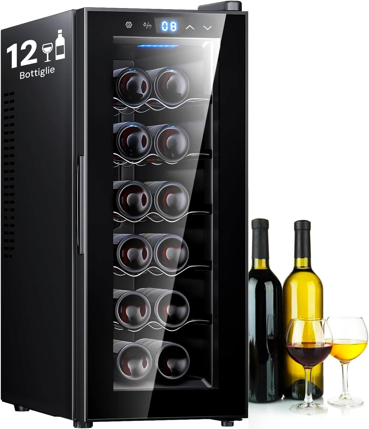 Wintem, Wine Rack for 8 to 18 Bottles and Double Cooling Zone Mini Fridge Bar for Wine and Drinks Black