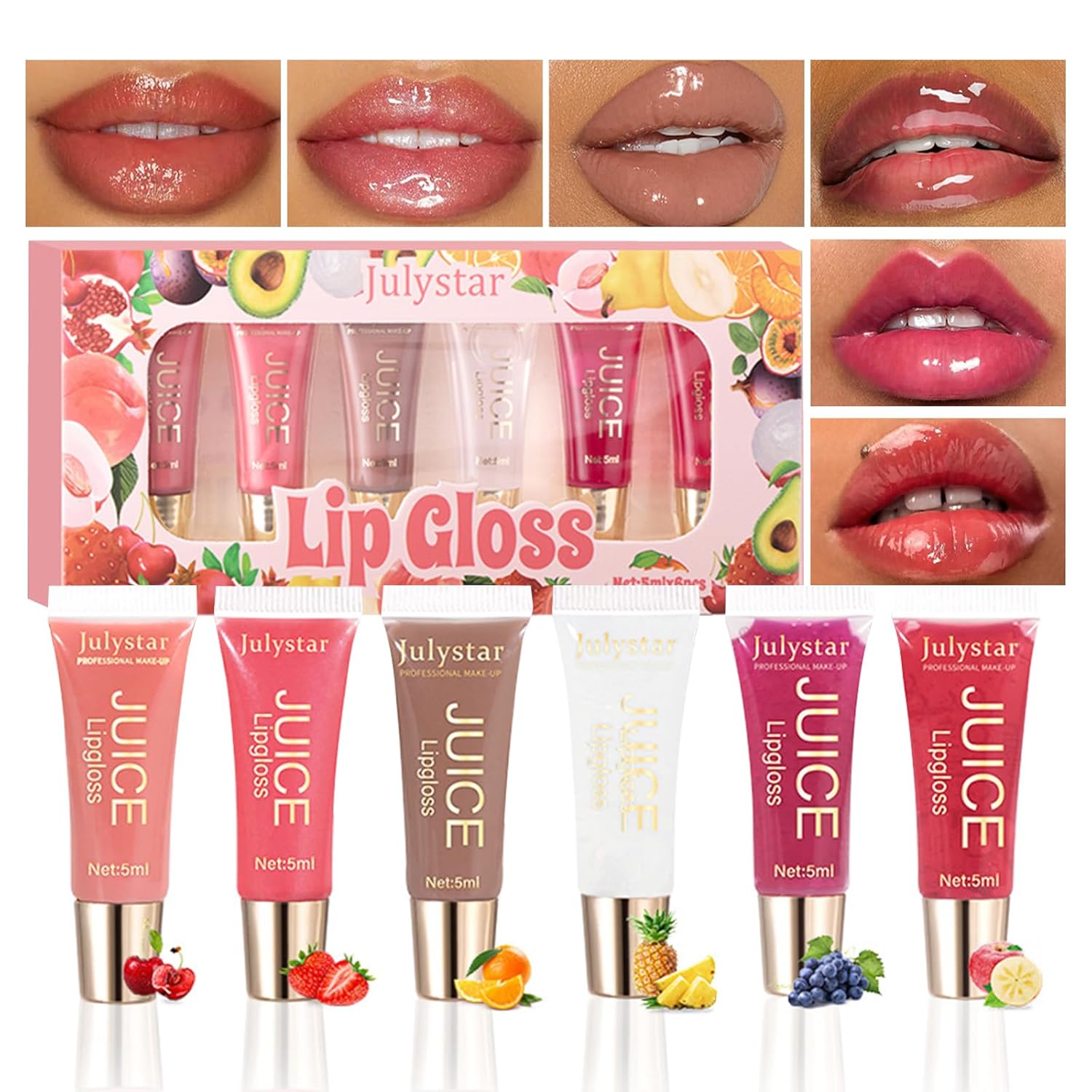 EONFAVE Moisturising Lip Gloss Set, Fruity Transparent Moisturising Lip Oil, Long-Lasting Plump and Lips Nourishing Tinted Lip Gloss Set for Improves Dryness and Reduces Lip Wrinkles