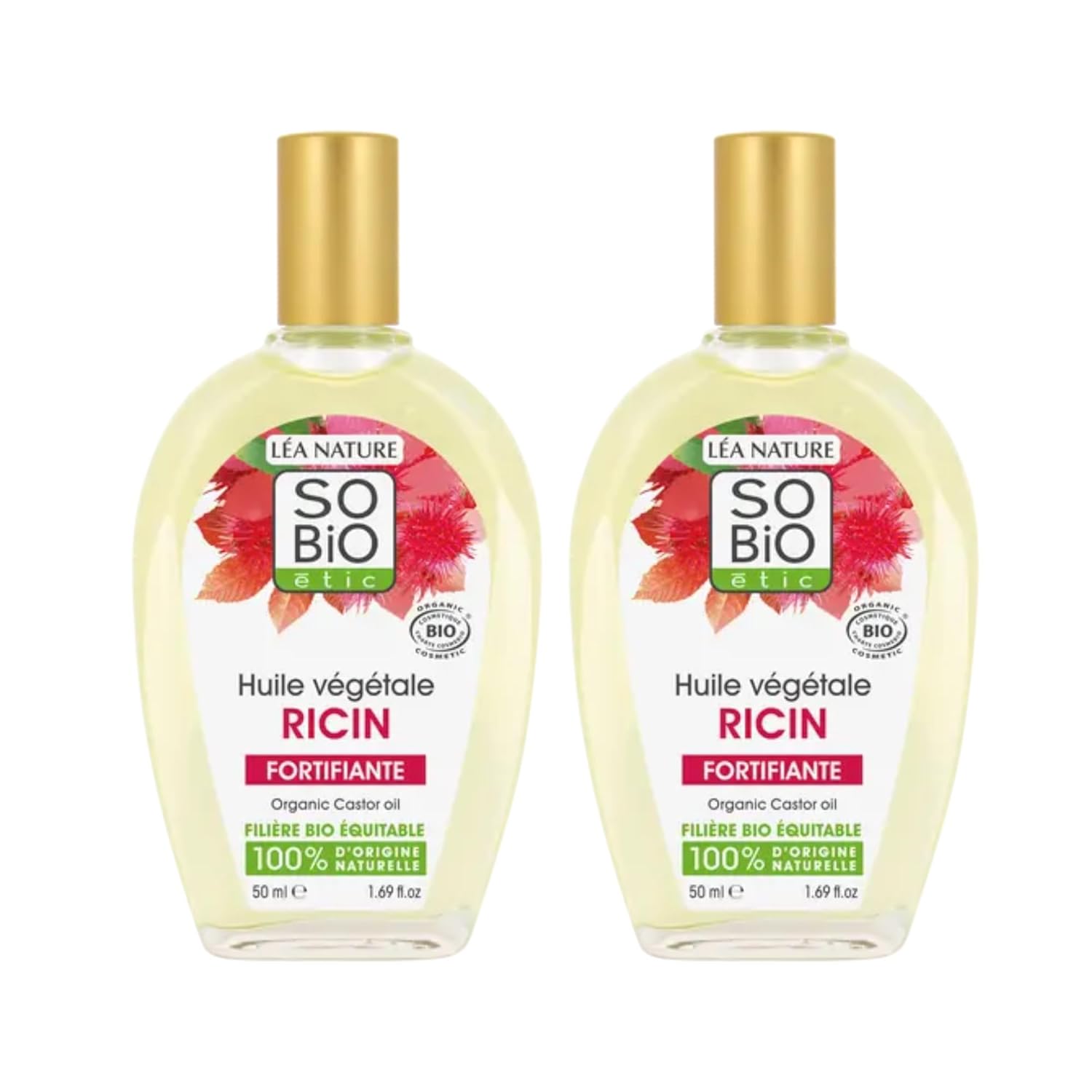SO\'BiO étic Organic Castor Oil Strengthens - Nourishes - Stimulates Growth | Hair, Eyelashes, Nails | Large | Vegan | Organic Fair | Made in France | 2 x 50ml