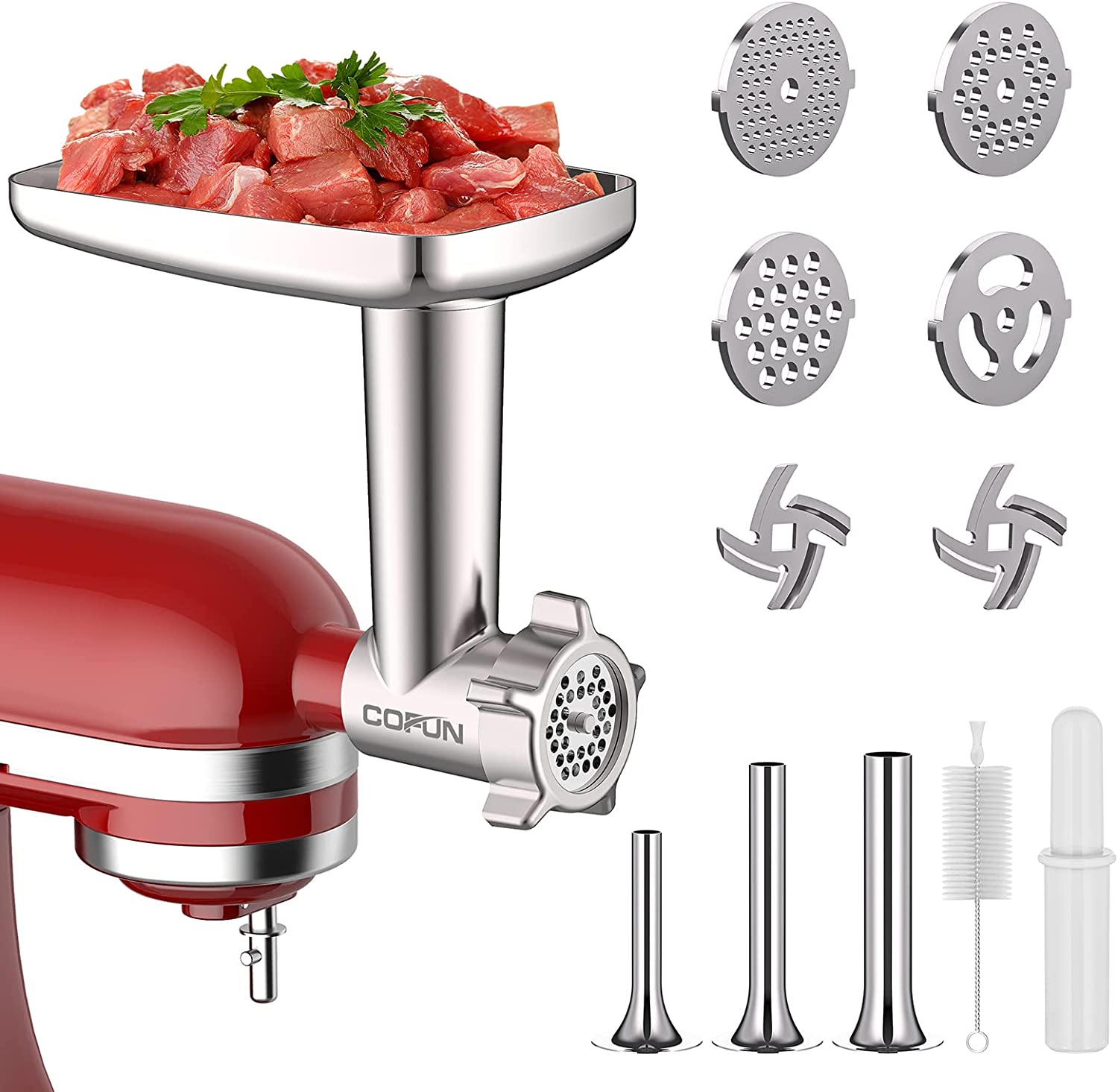 COFUN Meat Grinder Attachment for Kitchenaid Accessories, Kitchen Aid Accessories with 4 Grinding Discs 3 Sausage Filler Horns for Kitchen Aid, Aluminium Alloy Meat Grinder Attachment