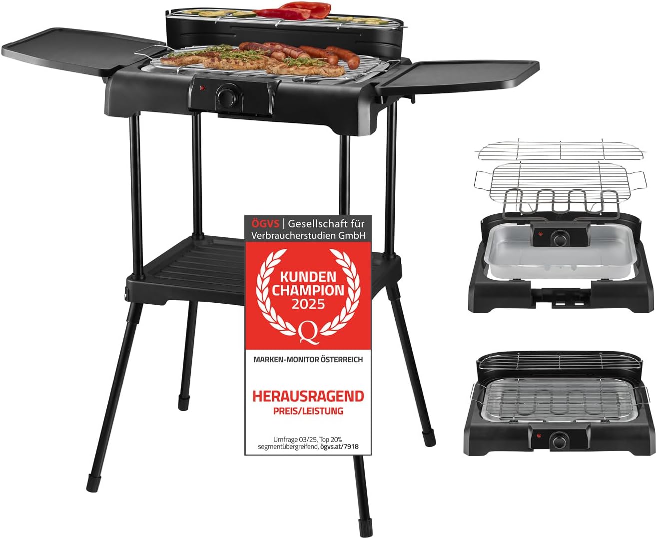 TZS First Austria Standing Grill, 2000 W Electric Grill with Temperature Control and Heat Reflector, Garden Grill with Feet, Grill Surface [45 cm x 22 cm] Including Wind Catcher, Barbecue Electric
