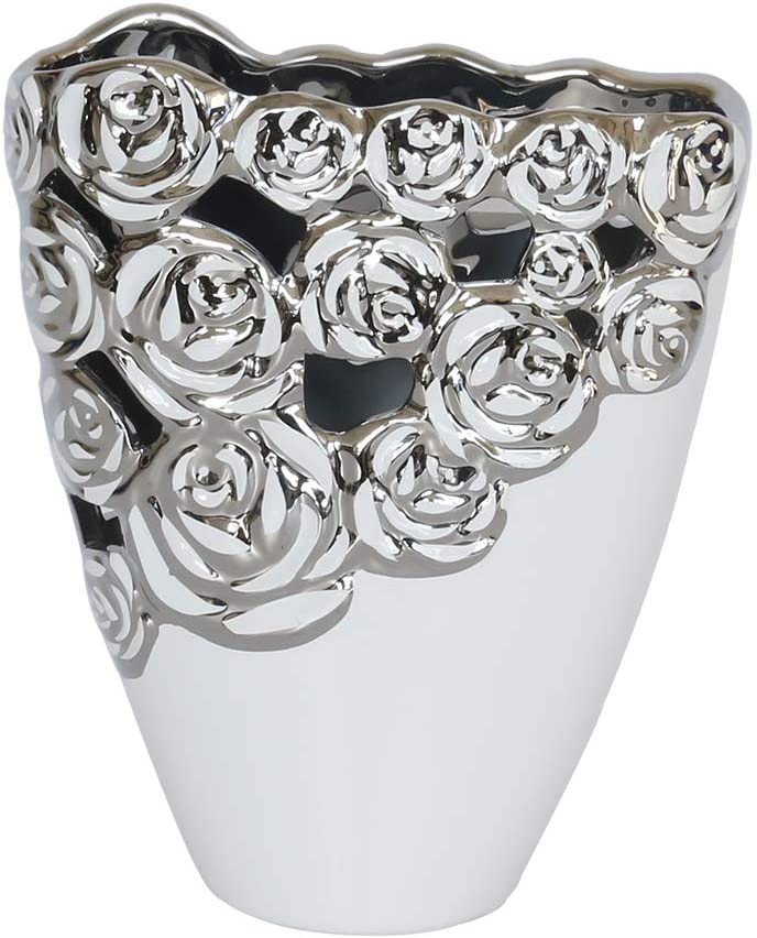 Gilde Beautiful decorative flower vase with rose pattern made of ceramic, white/silver, height 22 cm, width 18 cm