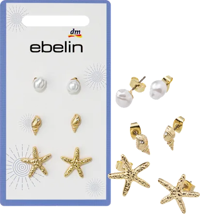 ebelin Nautical-themed stud earrings with pearls, gold look, 6 pieces