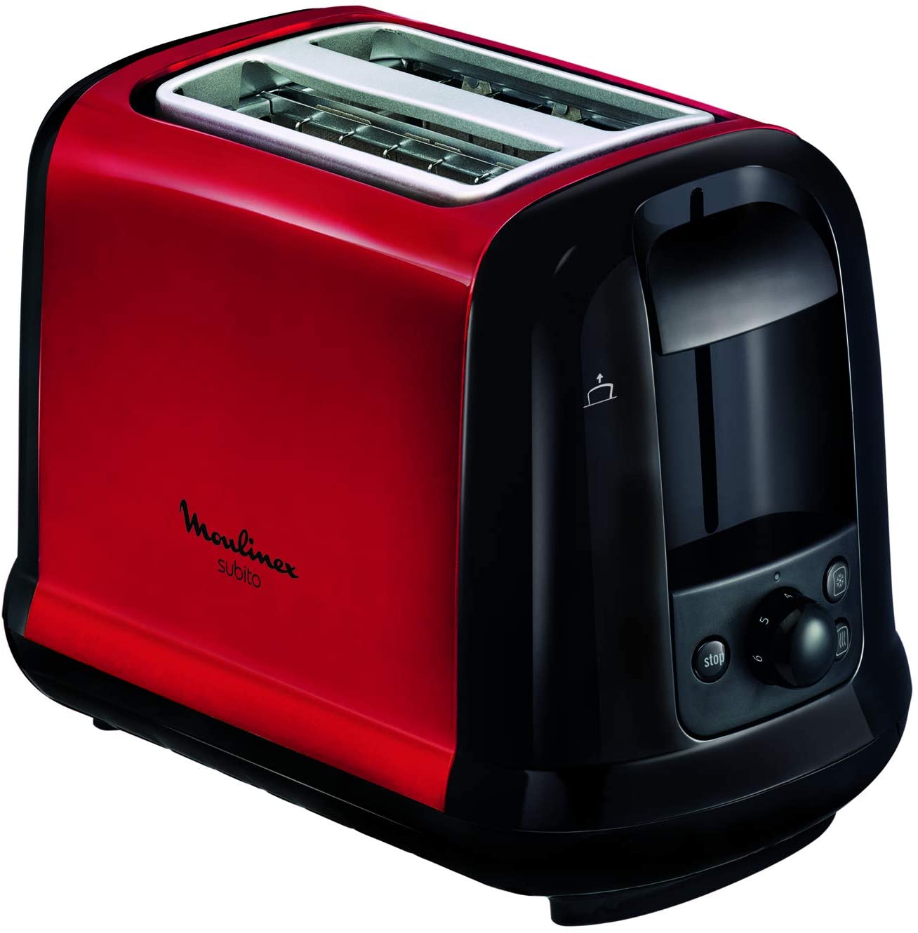 Moulinex LT260D11 Subito Toaster, Warm-up and Defrost Function, Crumb Tray, Black/Stainless Steel Red