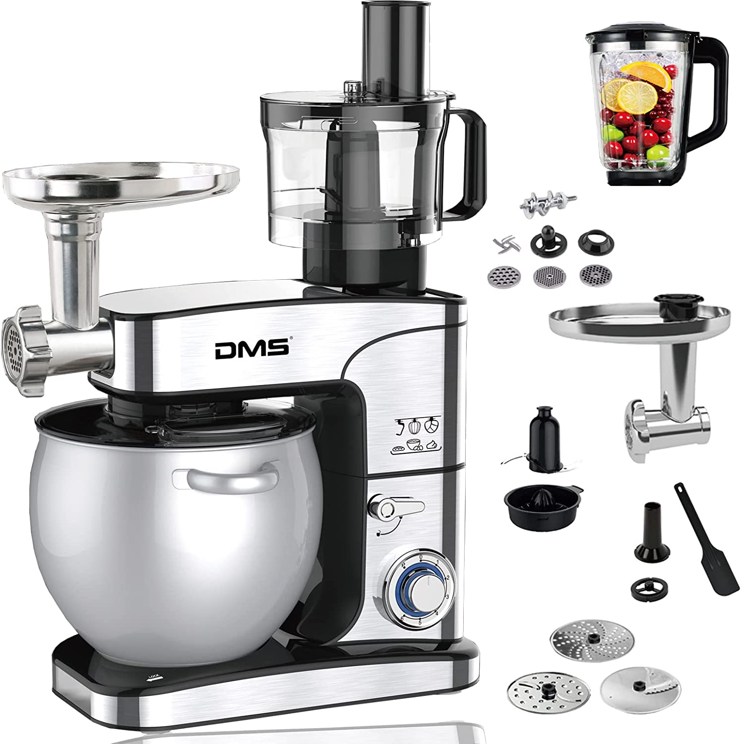 DMS® 5-in-1 Stainless Steel Food Processor Mixer 10 Litres Kneading Machine Stainless Steel Bowl Splash Guard Multi Chopper Citrus Juicer Meat Mincer Stand Mixer 6-Stage 2500 Watt (10 Litres)